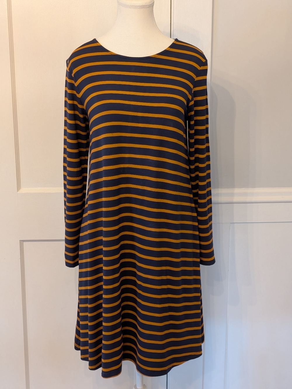 Old Navy Striped Long-Sleeve Swing Dress in Navy and Mustard